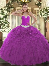 Custom Designed Fuchsia Vestidos de Quinceanera Military Ball and Sweet 16 and Quinceanera with Appliques and Ruffles Sweetheart Sleeveless Lace Up