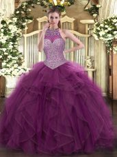 Affordable Burgundy Tulle Lace Up Sweet 16 Quinceanera Dress Sleeveless Floor Length Beading
