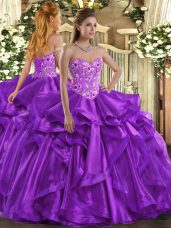 Chic Organza Sweetheart Sleeveless Lace Up Embroidery and Ruffles Quinceanera Gown in Eggplant Purple
