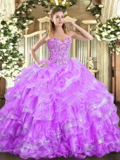 Lilac Sleeveless Floor Length Embroidery and Ruffled Layers Lace Up 15 Quinceanera Dress