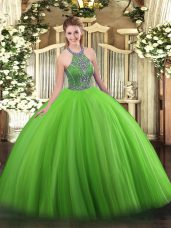 Green Quinceanera Gown Military Ball and Sweet 16 and Quinceanera with Beading Halter Top Sleeveless Lace Up
