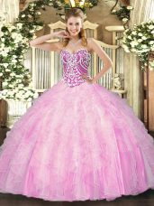 Rose Pink Tulle Lace Up Quinceanera Dresses Sleeveless Floor Length Beading and Ruffles