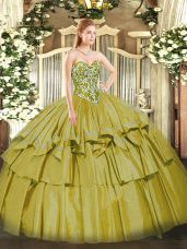 Affordable Olive Green Sleeveless Organza and Taffeta Lace Up Ball Gown Prom Dress for Military Ball and Sweet 16 and Quinceanera