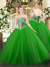 Glamorous Green Sleeveless Floor Length Beading Lace Up Vestidos de Quinceanera