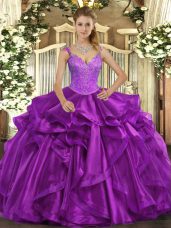 High Class Purple Organza Lace Up Sweet 16 Quinceanera Dress Sleeveless Floor Length Beading and Ruffles