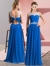 Sleeveless Chiffon Floor Length Clasp Handle Prom Dresses in Blue with Beading