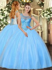 Glamorous Sleeveless Floor Length Beading Lace Up Sweet 16 Dress with Baby Blue