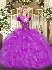 Inexpensive Fuchsia Lace Up Sweetheart Beading and Ruffles 15 Quinceanera Dress Organza Sleeveless
