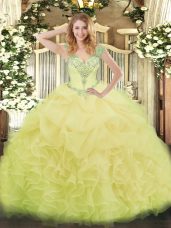 New Arrival Yellow V-neck Lace Up Beading and Ruffles and Pick Ups 15 Quinceanera Dress Sleeveless