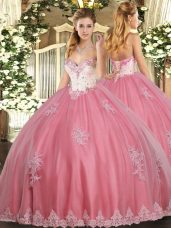 Watermelon Red Lace Up Sweetheart Beading and Appliques Sweet 16 Quinceanera Dress Tulle Sleeveless
