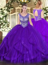 Scoop Sleeveless 15th Birthday Dress Floor Length Beading and Ruffles Eggplant Purple Organza