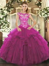 Sleeveless Organza Floor Length Lace Up Sweet 16 Quinceanera Dress in Fuchsia with Beading and Ruffles