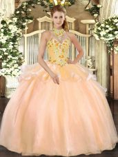 Peach 15th Birthday Dress Military Ball and Sweet 16 and Quinceanera with Embroidery Halter Top Sleeveless Lace Up