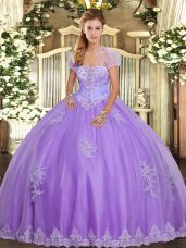 Strapless Sleeveless Lace Up 15th Birthday Dress Lavender Tulle