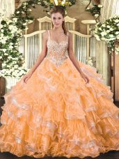 Orange Sleeveless Floor Length Beading and Ruffled Layers Lace Up Quinceanera Gown