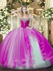 Floor Length Lace Up 15 Quinceanera Dress Fuchsia for Military Ball and Sweet 16 and Quinceanera with Beading and Ruffles