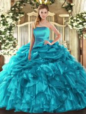 Teal Ball Gowns Ruffles and Pick Ups Quince Ball Gowns Lace Up Organza Sleeveless Floor Length