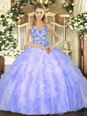 Lavender Lace Up Straps Beading and Ruffles Quinceanera Gowns Organza Sleeveless