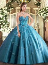 Teal Tulle Lace Up Quince Ball Gowns Sleeveless Floor Length Appliques and Embroidery