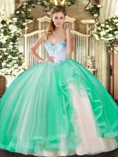 Beading and Ruffles Quinceanera Gown Turquoise Lace Up Sleeveless Floor Length