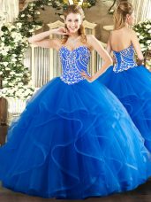 Beauteous Sleeveless Tulle Floor Length Lace Up 15th Birthday Dress in Blue with Beading and Ruffles