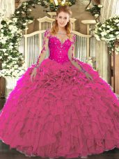 Superior Fuchsia Sweet 16 Quinceanera Dress Military Ball and Sweet 16 and Quinceanera with Lace and Ruffles Scoop Long Sleeves Lace Up