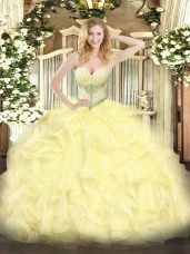 Fantastic Yellow Ball Gowns Beading and Ruffles Quinceanera Dress Lace Up Organza Sleeveless Floor Length