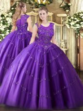 Enchanting Sleeveless Tulle Floor Length Zipper Ball Gown Prom Dress in Purple with Beading and Appliques