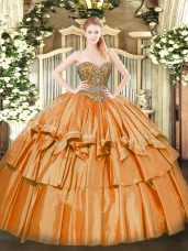 Adorable Sweetheart Sleeveless Organza Quince Ball Gowns Beading and Ruffled Layers Lace Up