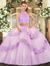 Two Pieces 15 Quinceanera Dress Lilac Sweetheart Tulle Sleeveless Floor Length Criss Cross