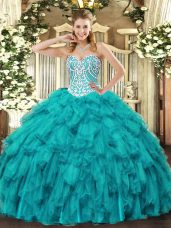 Delicate Teal Sweetheart Lace Up Beading and Ruffles Quinceanera Gown Sleeveless