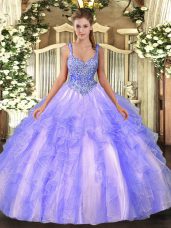 Beautiful Lavender Ball Gowns Tulle Straps Sleeveless Beading and Ruffles Floor Length Lace Up Quinceanera Dress