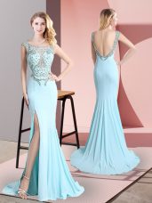 Classical Aqua Blue Sleeveless Beading Backless Party Dress for Girls