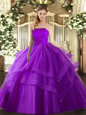 Fine Tulle Sleeveless Floor Length Quinceanera Gowns and Ruffled Layers