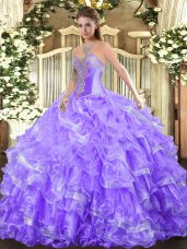 Flirting Organza Sweetheart Sleeveless Lace Up Beading and Ruffled Layers 15 Quinceanera Dress in Lavender