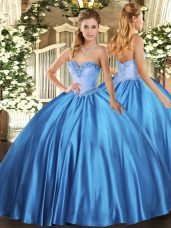 Latest Baby Blue Satin Lace Up Sweetheart Sleeveless Floor Length Quinceanera Dresses Beading
