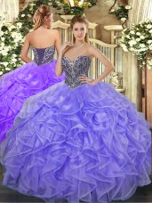 High Class Lavender Ball Gowns Beading and Ruffles Vestidos de Quinceanera Lace Up Organza Sleeveless Floor Length