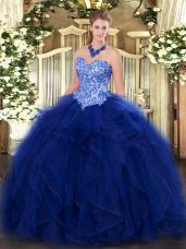 Affordable Blue Ball Gowns Organza Sweetheart Sleeveless Appliques and Ruffles Floor Length Lace Up Vestidos de Quinceanera