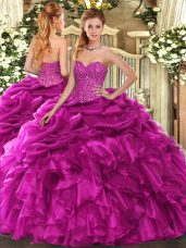 Fuchsia Lace Up Quince Ball Gowns Beading and Ruffles and Pick Ups Sleeveless Floor Length