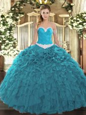 Teal Sweetheart Neckline Appliques and Ruffles Sweet 16 Dresses Sleeveless Lace Up