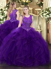 Purple Scoop Neckline Beading and Ruffles Ball Gown Prom Dress Sleeveless Zipper