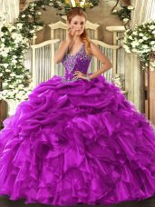 Fuchsia Ball Gowns Straps Sleeveless Organza Floor Length Lace Up Beading and Ruffles and Pick Ups Quinceanera Gown
