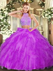 Exquisite Fuchsia Two Pieces Halter Top Sleeveless Tulle Floor Length Criss Cross Beading and Ruffles Quinceanera Dresses