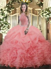 New Style Floor Length Lace Up Sweet 16 Quinceanera Dress Watermelon Red for Military Ball and Sweet 16 and Quinceanera with Beading and Ruffles and Pick Ups