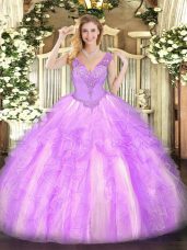 Enchanting Sleeveless Organza Floor Length Lace Up Sweet 16 Quinceanera Dress in Lilac with Beading and Ruffles