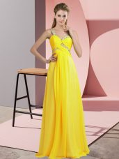 Cute Yellow One Shoulder Lace Up Beading Evening Dress Sleeveless