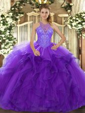 Excellent Sleeveless Lace Up Floor Length Beading and Ruffles Ball Gown Prom Dress