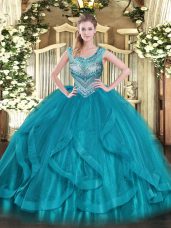 Floor Length Teal Quinceanera Gown Scoop Sleeveless Lace Up