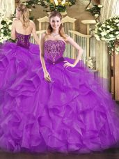 Inexpensive Purple Lace Up Strapless Beading and Ruffles Sweet 16 Dress Organza Sleeveless