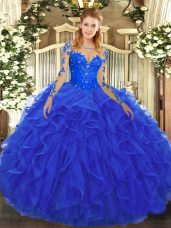 Long Sleeves Lace Up Floor Length Lace and Ruffles Quinceanera Gowns